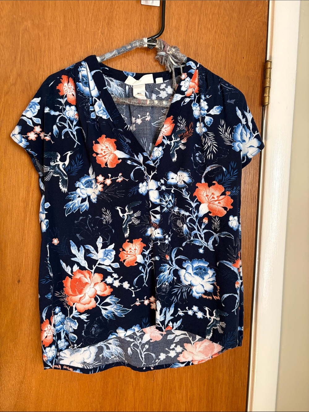 Floral V-Neck Short Sleeve Blouse - Navy with Coral & Light Blue Flowers